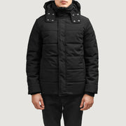 Exton 黑色 Hooded Down Puffer 真皮夹克 男士 in Black Full-Grain Leather - Front Profile View &amp; Tailored Silhouette | Buy Online