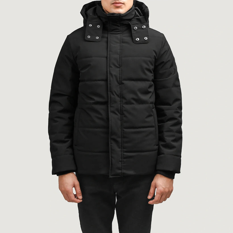 Exton 经典黑 Hooded Down Puffer 真皮夹克 男士