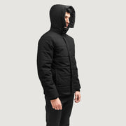 Exton 黑色 Hooded Down Puffer 真皮夹克 男士 - Lateral Side Profile View Showing Sleeve Cut &amp; Athletic Taper Fit
