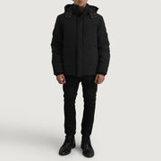 Close-Up Detail of Classic Collar &amp; Zipper With Placket. Hardware on Exton 黑色 Hooded Down Puffer 真皮夹克 男士