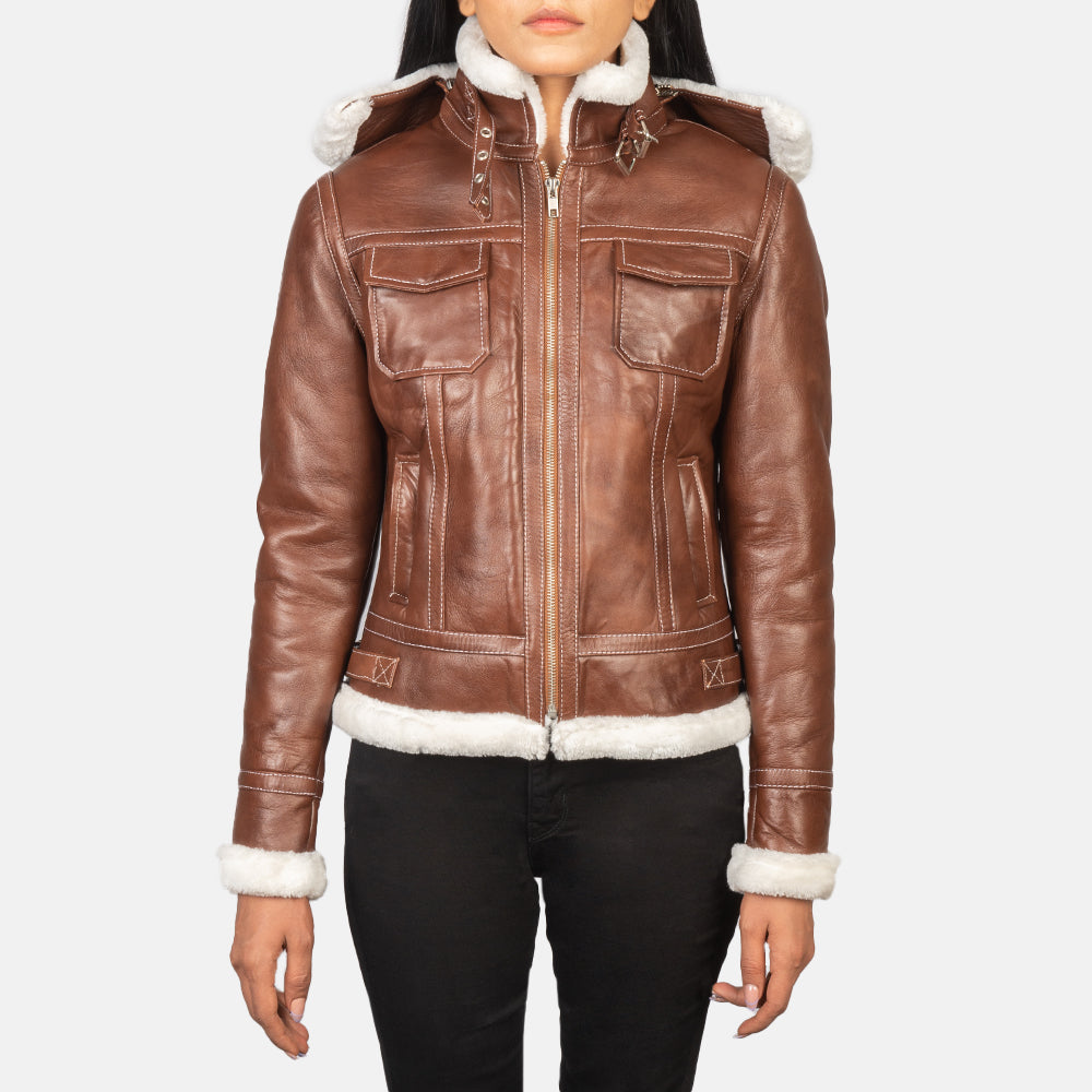 
Fiona Brown Hooded Shearling Leather Jacket in Brown Sheepskin Snuffed - 正面版型与定制立体剪裁轮廓 | 官方商城选购