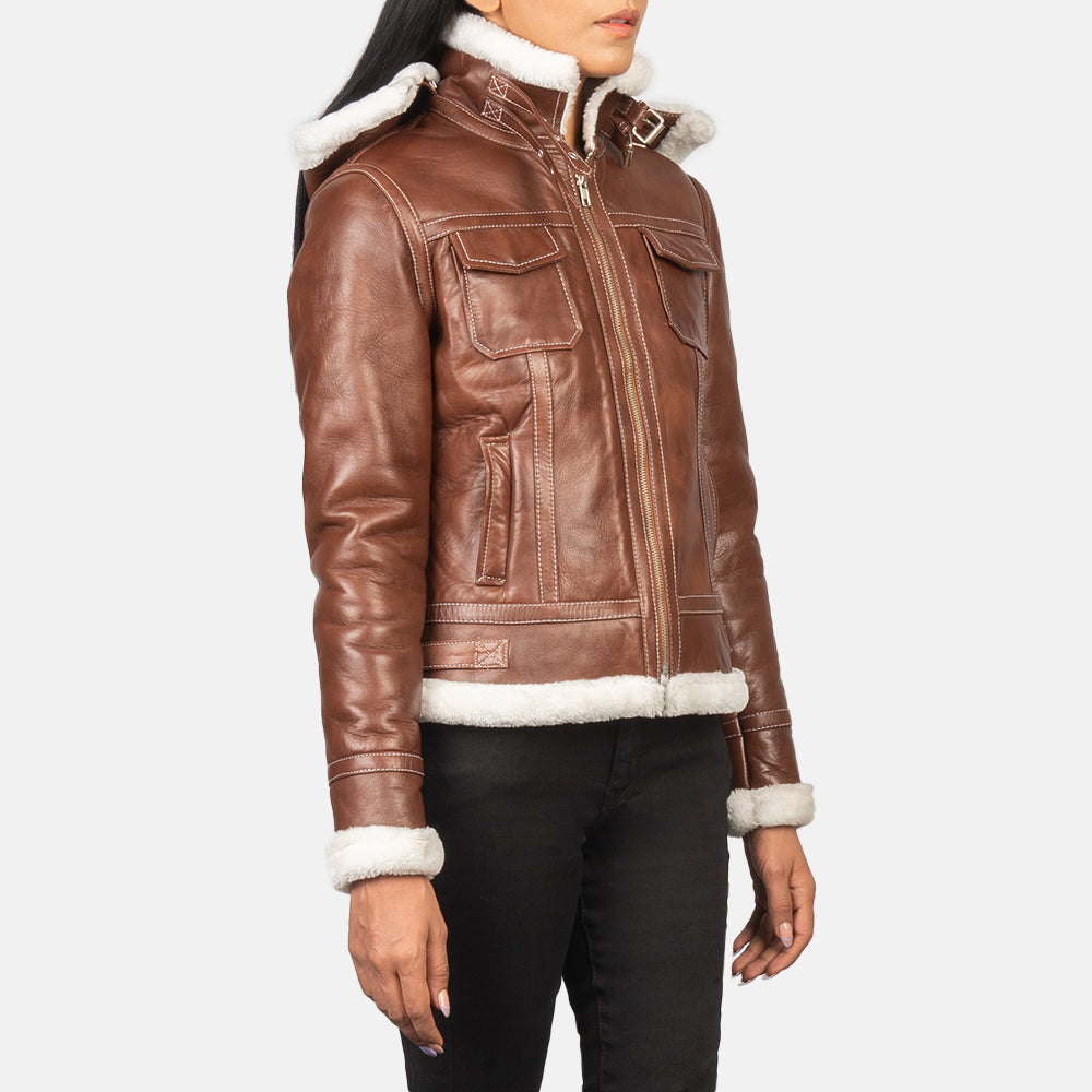 
细节特写 of High Neck with Belt & Zipper Hardware on Fiona Brown Hooded Shearling Leather Jacket
