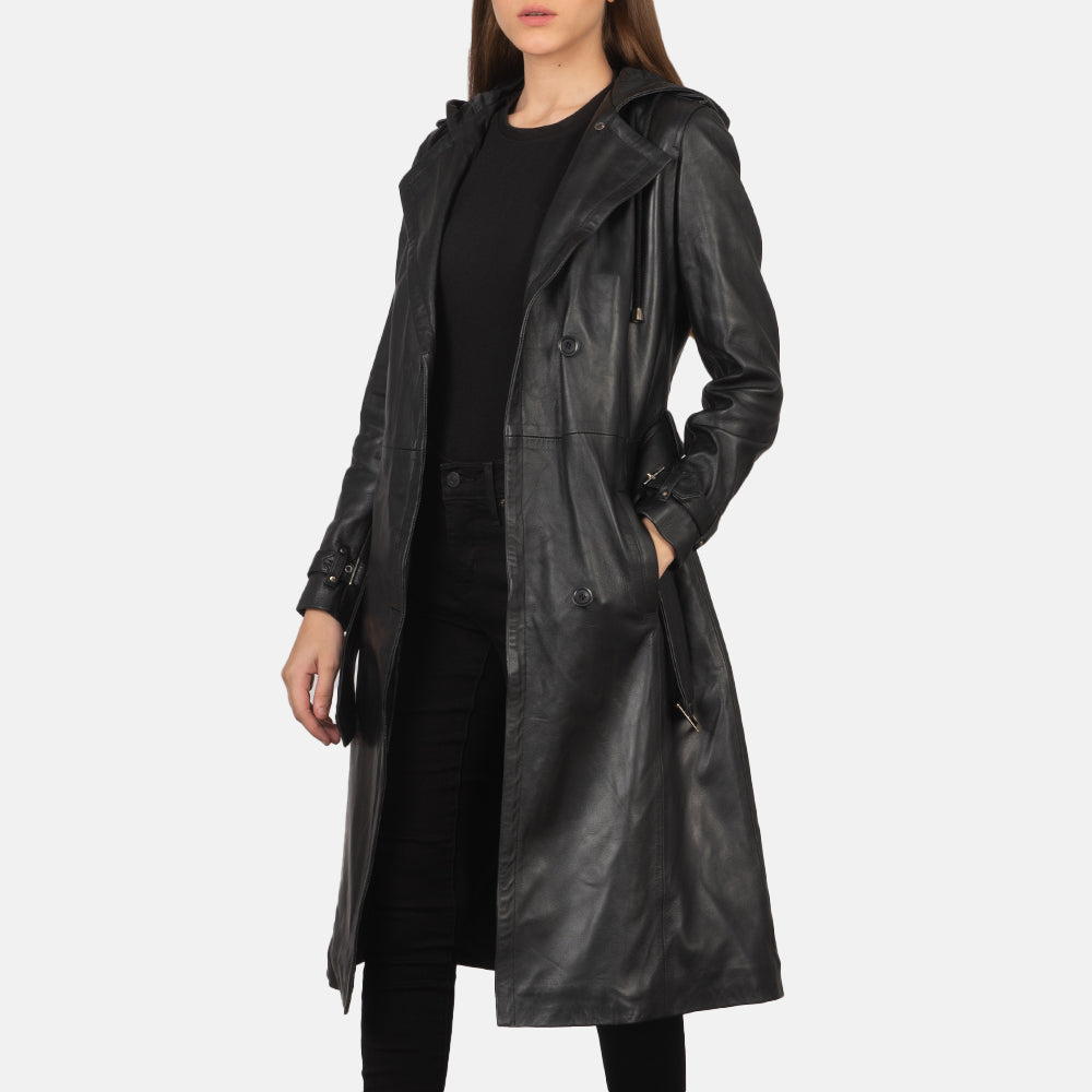 
Fixon Hooded 经典黑 真皮风衣大衣 女士 in Black Sheepskin Leather - 正面版型与定制立体剪裁轮廓 | 官方商城选购