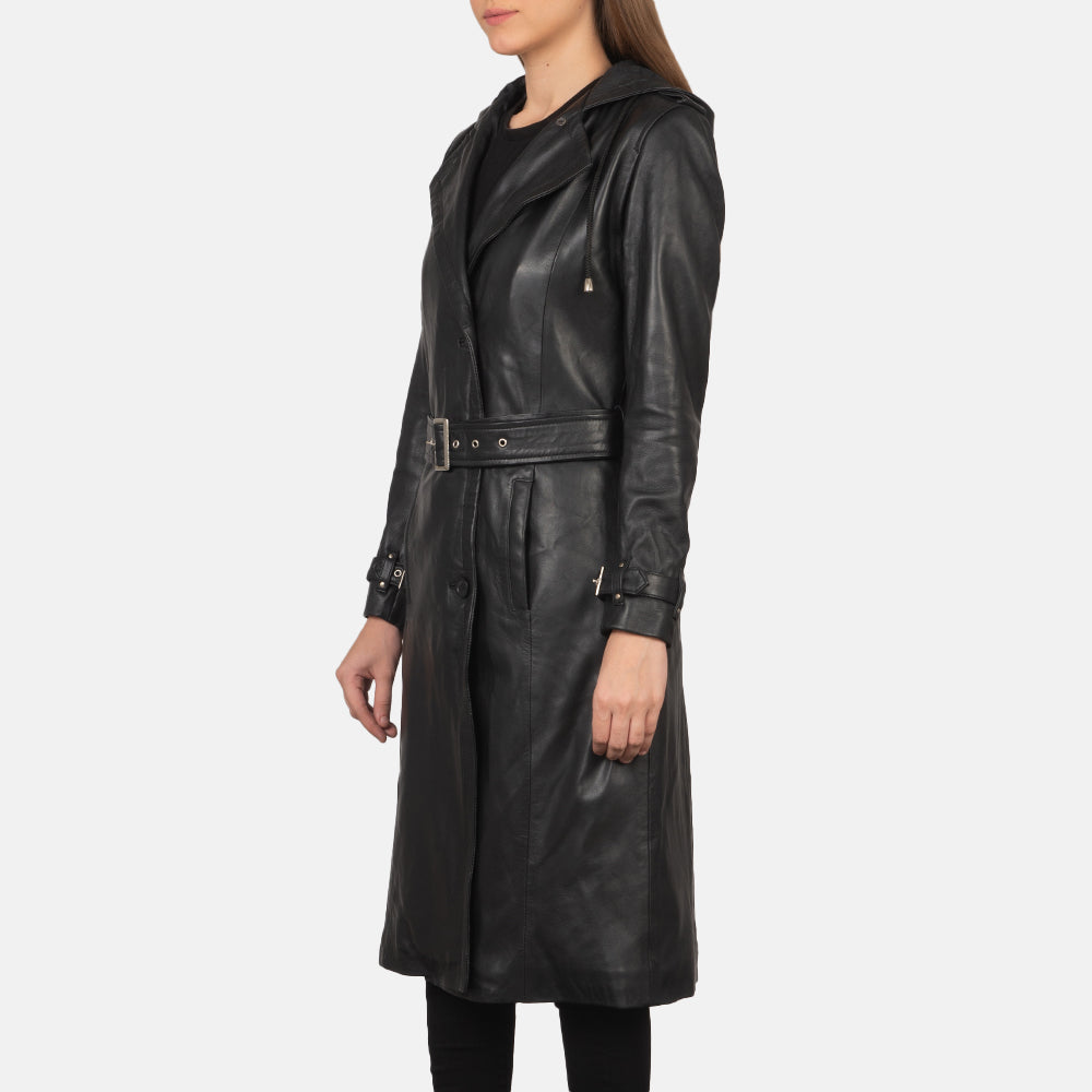 细节特写 of Hooded & Button + Belt Hardware on Fixon Hooded Black Trench Coat