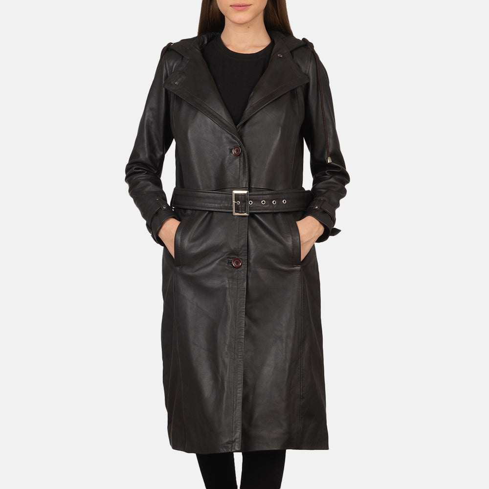 
Fixon Hooded 复古棕 真皮风衣大衣 女士 in Brown Sheepskin Leather - 正面版型与定制立体剪裁轮廓 | 官方商城选购