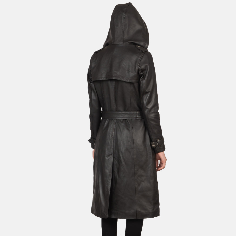 
细节特写 of Hooded & Button + Belt Hardware on Fixon Hooded 复古棕 真皮风衣大衣 女士