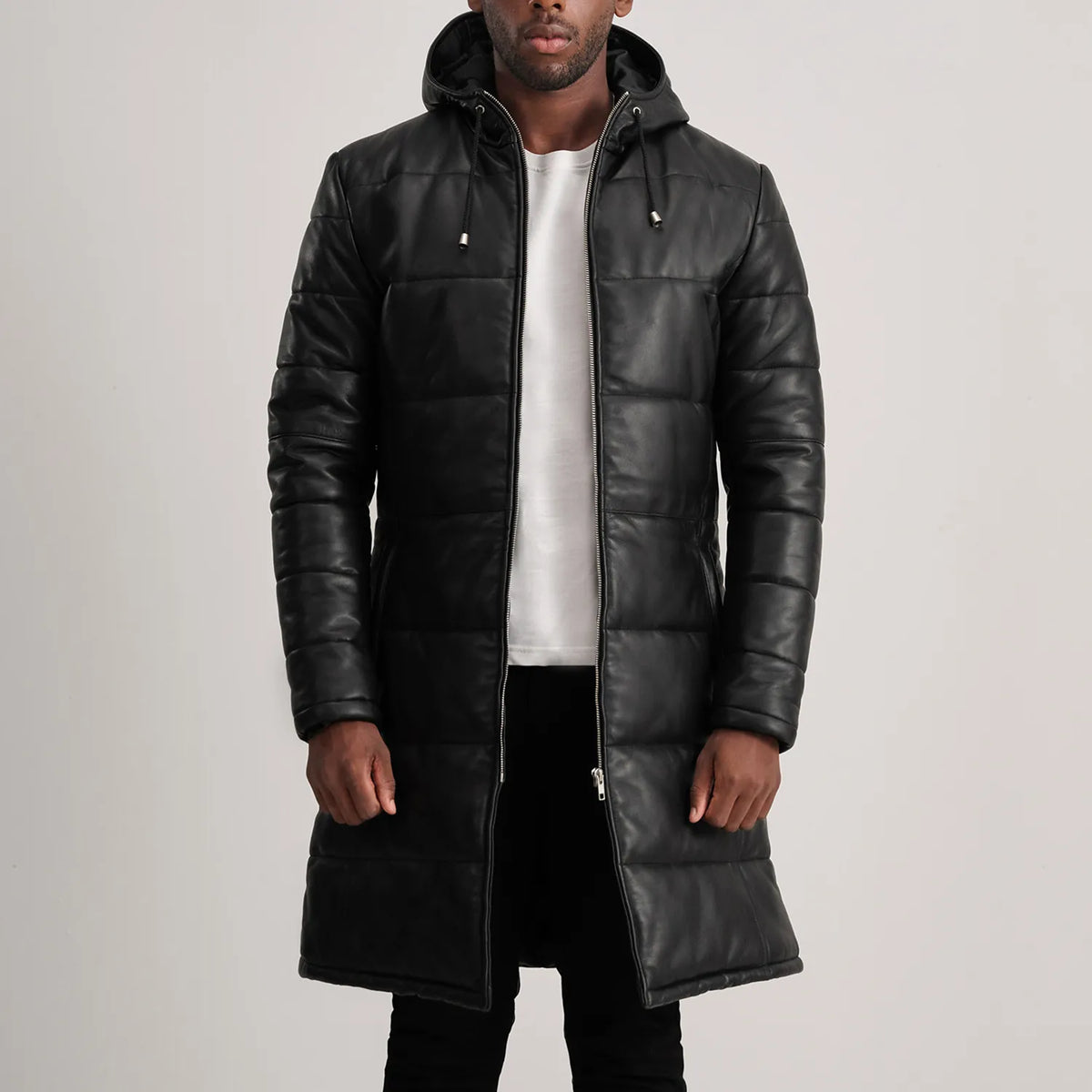 
Floyd Tan Hooded Leather Puffer Coat in Tan Brown Sheepskin Leather - 正面版型与定制立体剪裁轮廓 | 官方商城选购