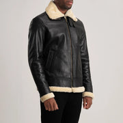 
Black Sheepskin Leather Bomber Jacket - 展现肩线贴合与利落下摆的背部视角