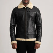 
细节特写 of Buckled Collar & Zipper Hardware on Francis B-3 Black Leather Bomber Jacket