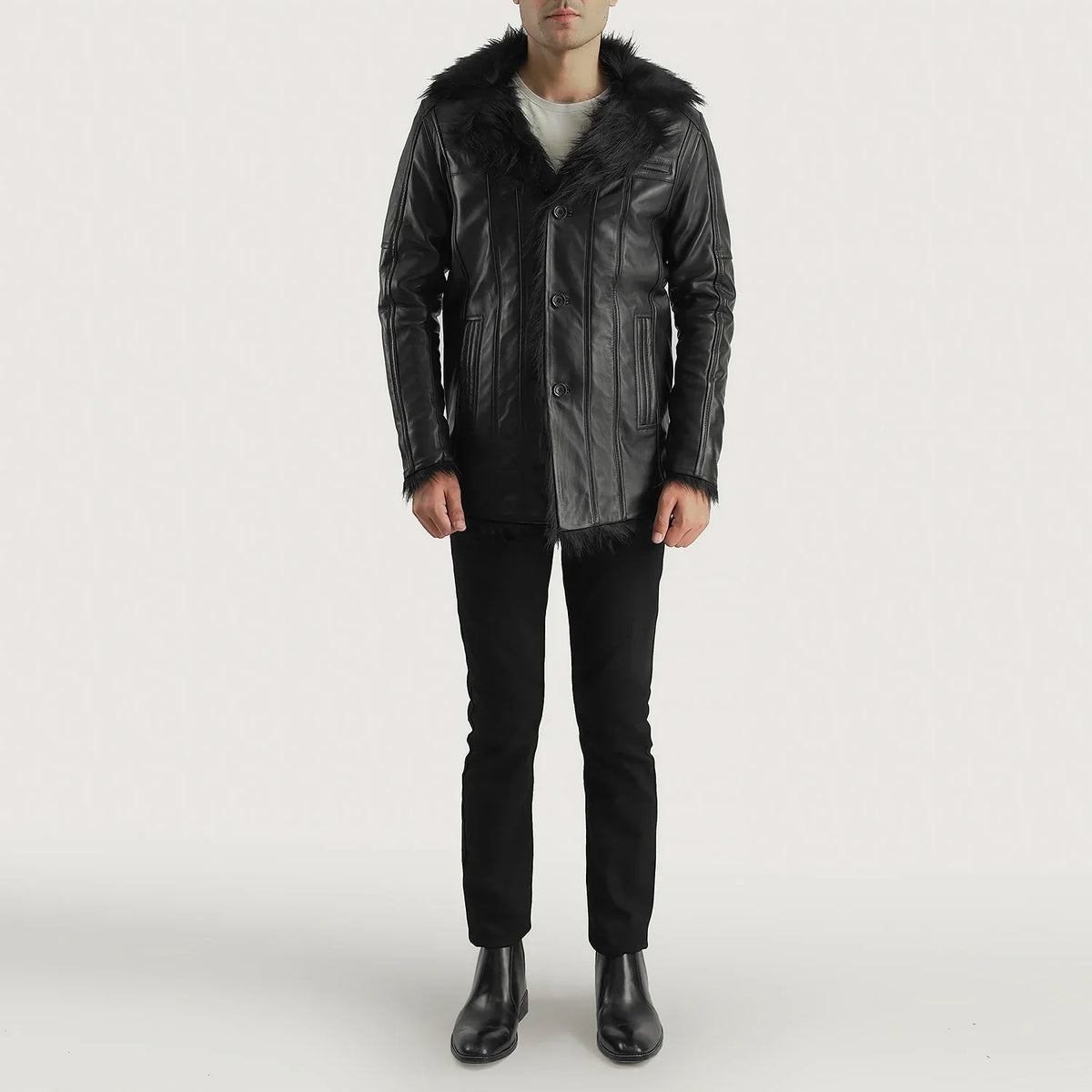Close-Up Detail of Notch & Button Hardware on Men's Furcliff Black Leather Coat