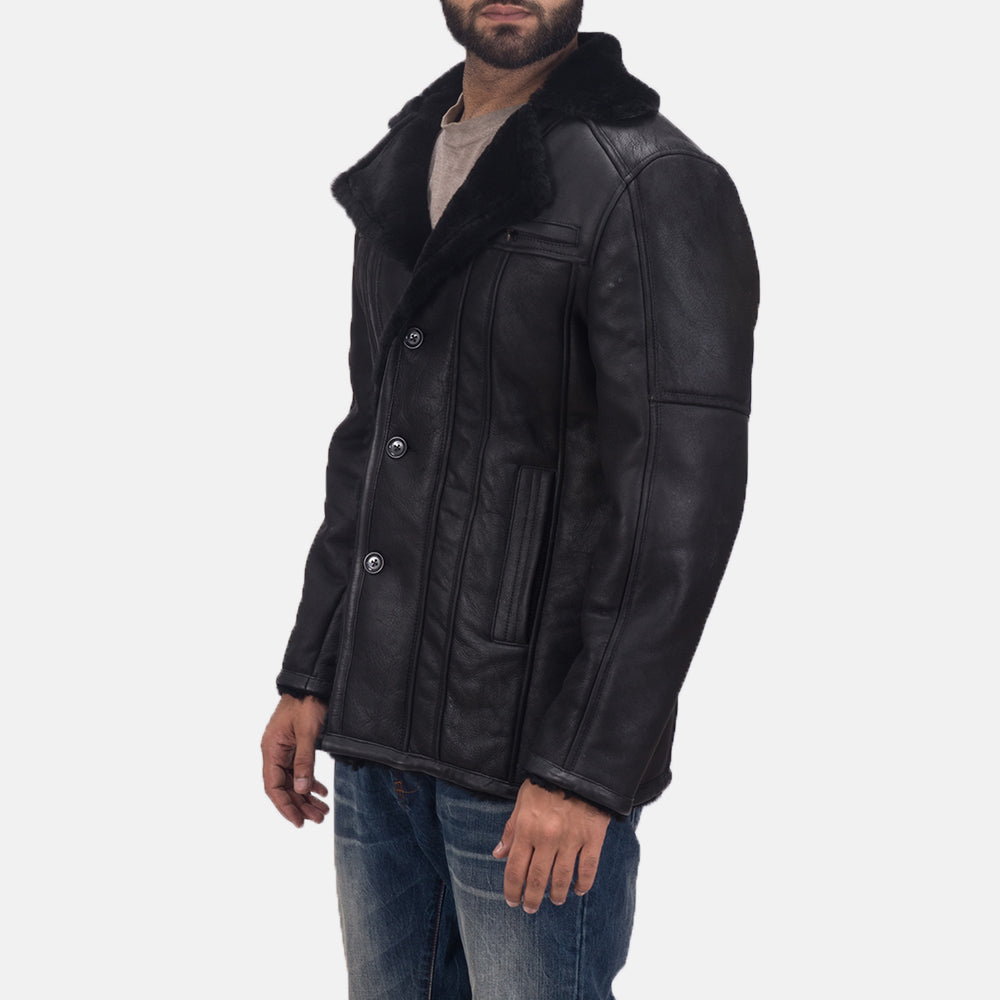 Men's Furcliff Double Face Shearling 真皮大衣 男士 in Black Shearling Leather (Double Face) - Front Profile View &amp; Tailored Silhouette | Buy Online
