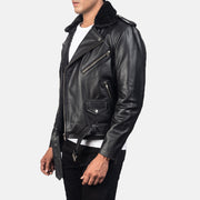 
Black Cowhide Leather Biker Jacket - 展现肩线贴合与利落下摆的背部视角