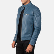 Blue Sheepskin Leather Biker Jacket - Back View Showing Tailored Shoulder Fit &amp; Clean Hemline