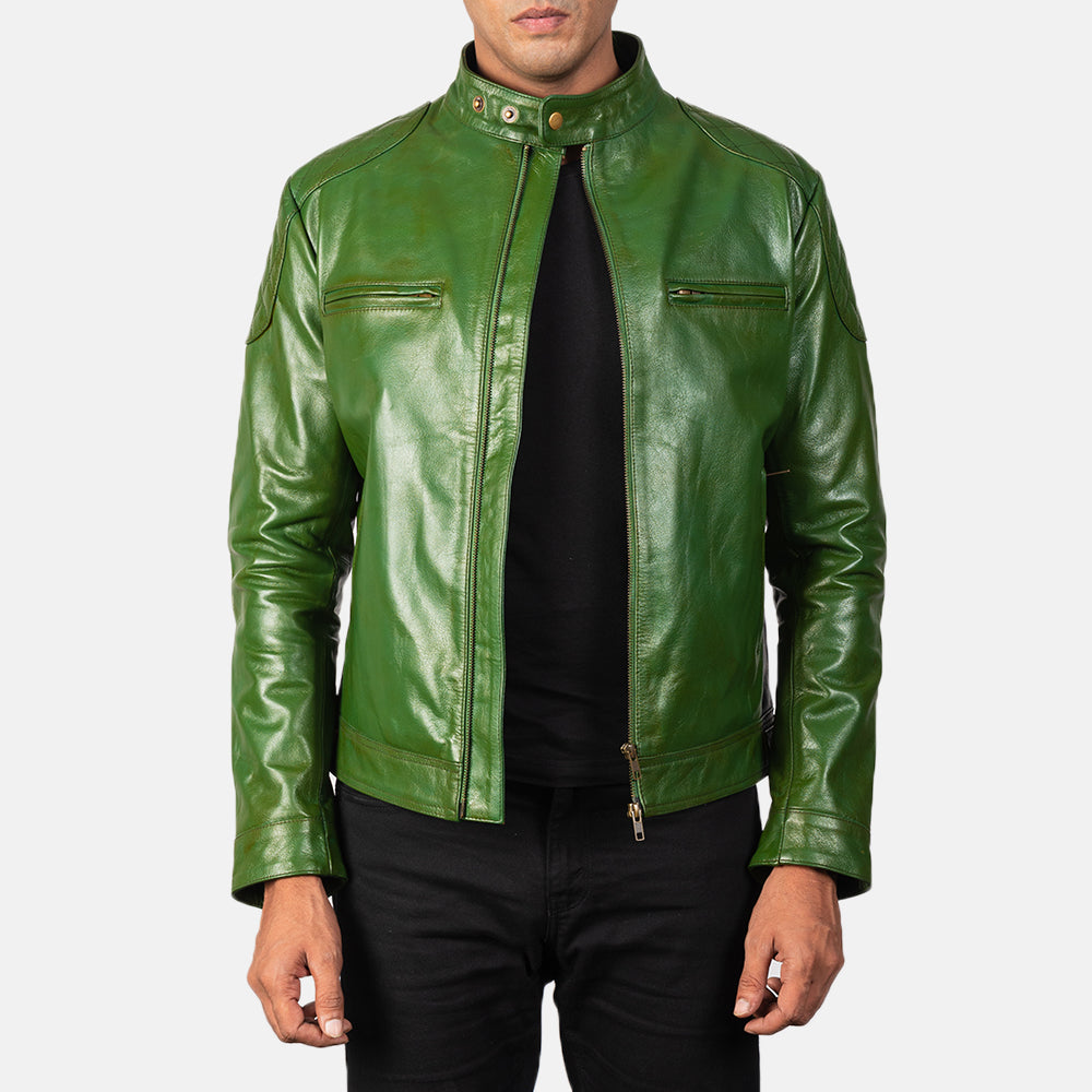 
Gatsby Quilted Green Leather Biker Jacket in Green Sheepskin Burnishing - 正面版型与定制立体剪裁轮廓 | 官方商城选购