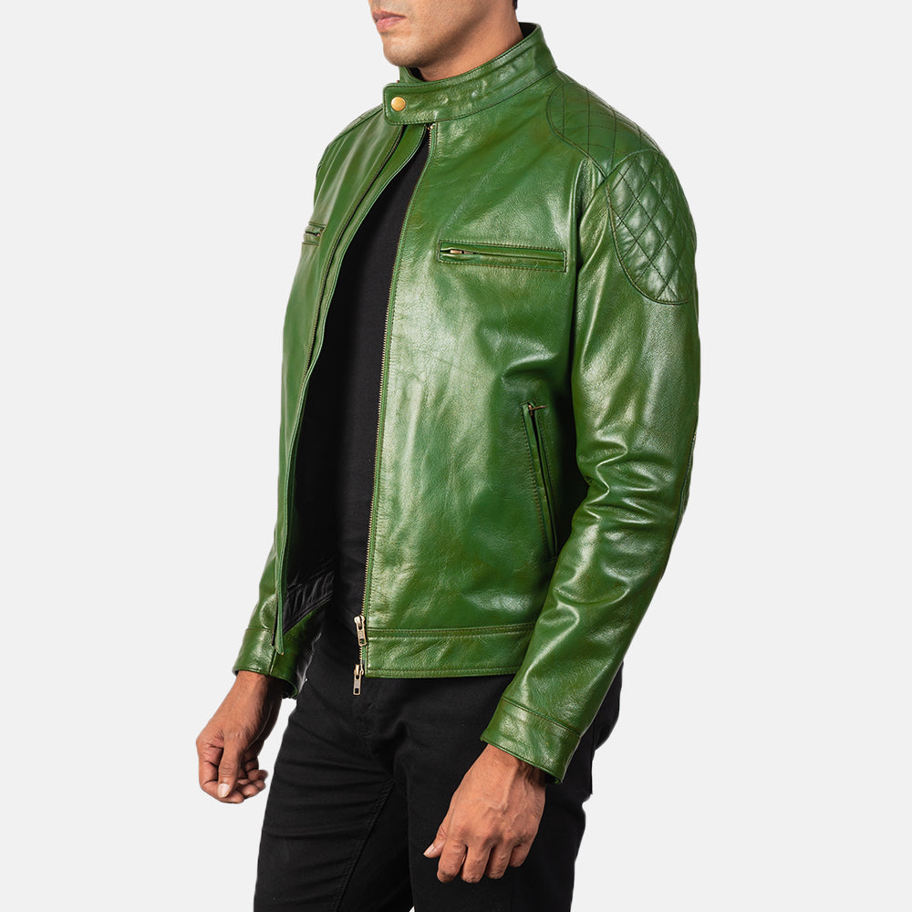 
Green Sheepskin Burnishing Biker Jacket - 展现肩线贴合与利落下摆的背部视角