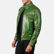 
Green Sheepskin Burnishing Biker Jacket - 展现肩线贴合与利落下摆的背部视角