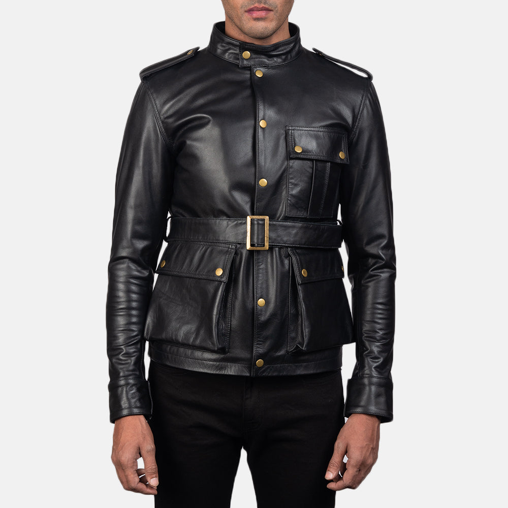 Germain 黑色 真皮夹克 男士 in Black Cowhide Leather - Front Profile View &amp; Tailored Silhouette | Buy Online