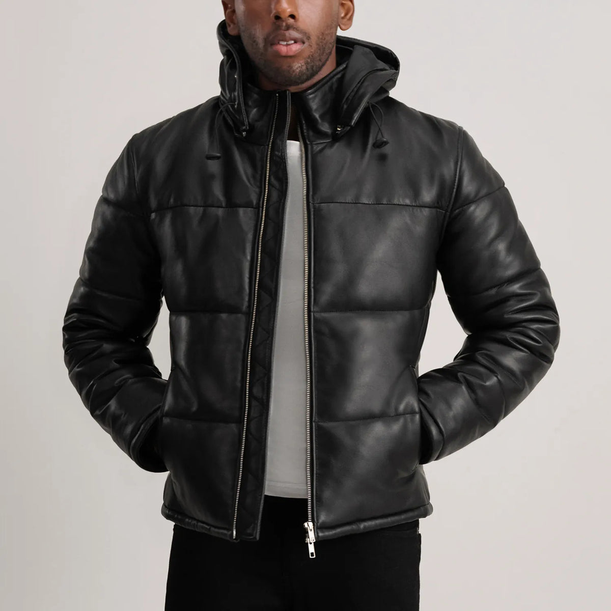 
Gordon Tan Hooded Leather Puffer Jacket in Tan Brown Sheepskin Leather - 正面版型与定制立体剪裁轮廓 | 官方商城选购
