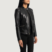 Women's Haley Ray 黑色 真皮机车夹克 女士 - Lateral Side Profile View Showing Sleeve Cut &amp; Athletic Taper Fit