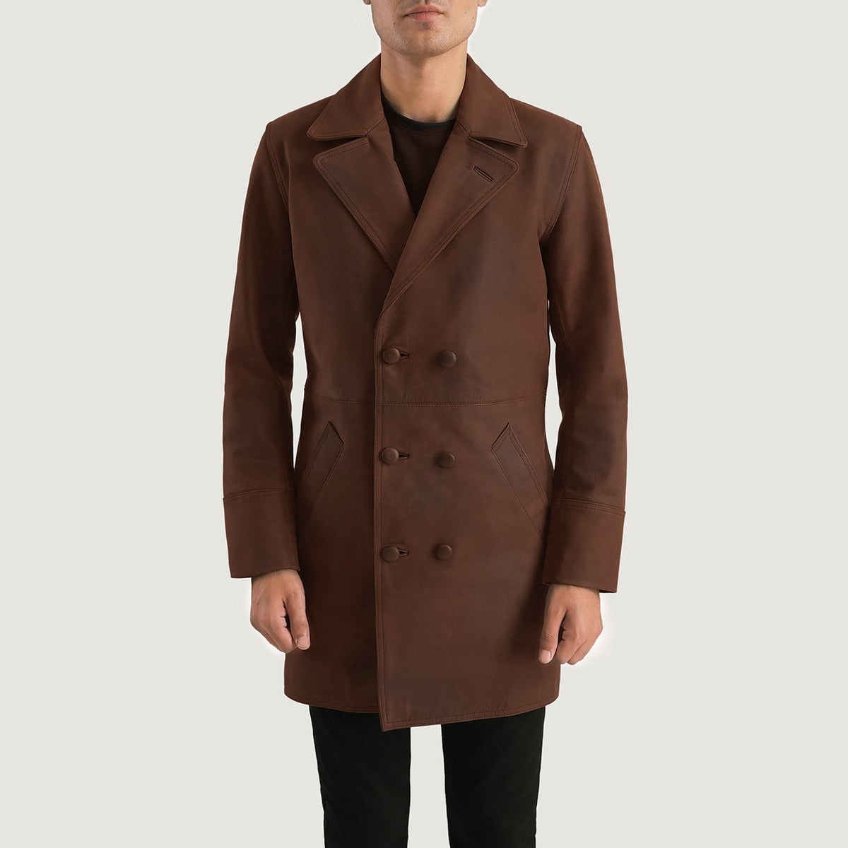 Men's Half Life 棕色 真皮大衣 男士 in Distressed Brown Cowhide Leather - Front Profile View &amp; Tailored Silhouette | Buy Online