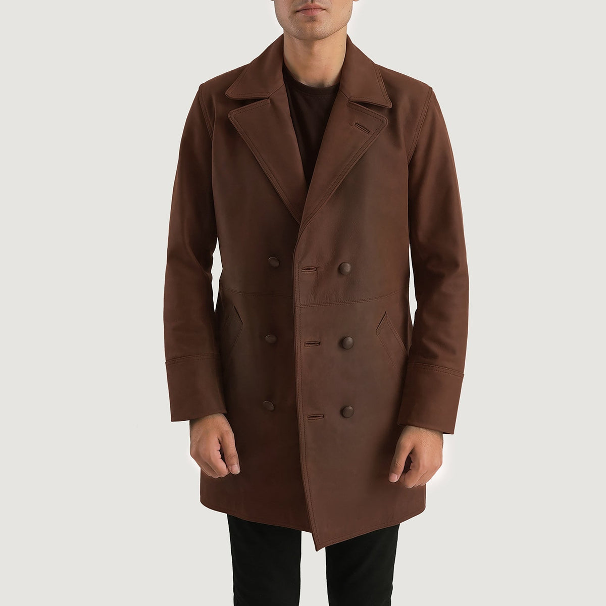 Men's Half Life 棕色 真皮大衣 男士 - Lateral Side Profile View Showing Sleeve Cut &amp; Athletic Taper Fit