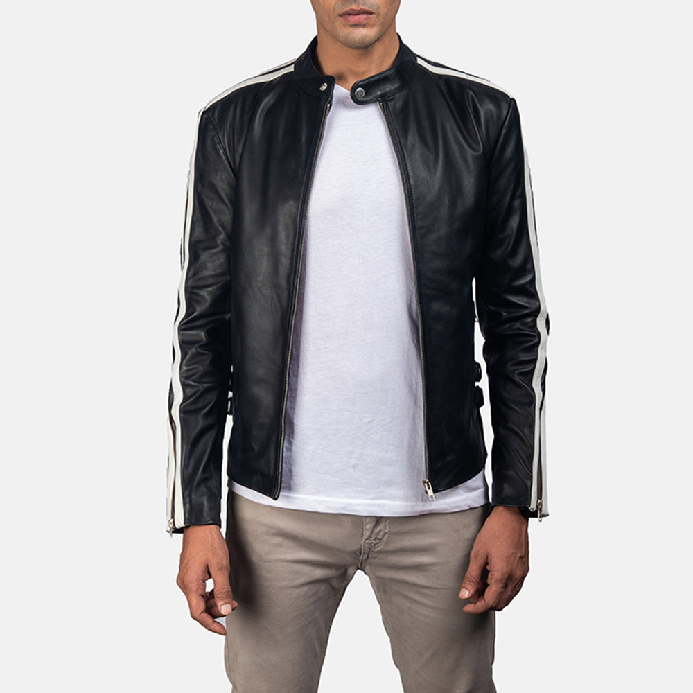 
Hank 经典黑 真皮机车皮衣 男士 in Black & White Cowhide Leather - 正面版型与定制立体剪裁轮廓 | 官方商城选购