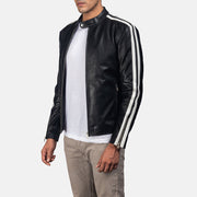 
Black & White Cowhide Leather Biker Jacket - 展现肩线贴合与利落下摆的背部视角