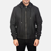 
细节特写 of Knit Rib with Removable Polyester Hood & Zipper Hardware on Hanklin Ma-1 Black Hooded Bomber Jacket