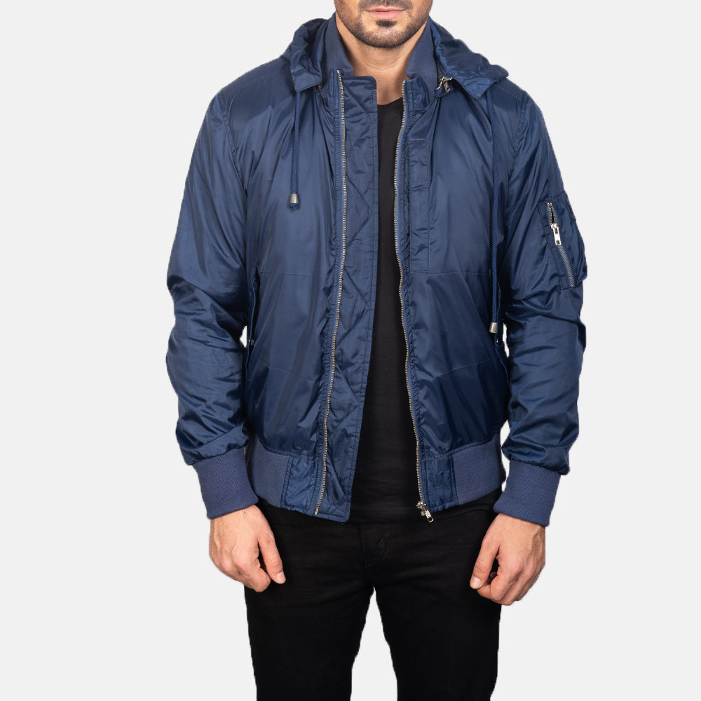
Blue Hooded Bomber Jacket in Blue Nylon - 正面版型与定制立体剪裁轮廓 | 官方商城选购