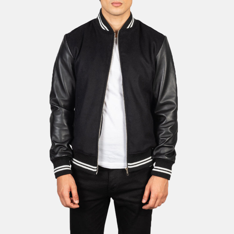 Harrison 黑色 Hybrid Varsity 真皮夹克 男士