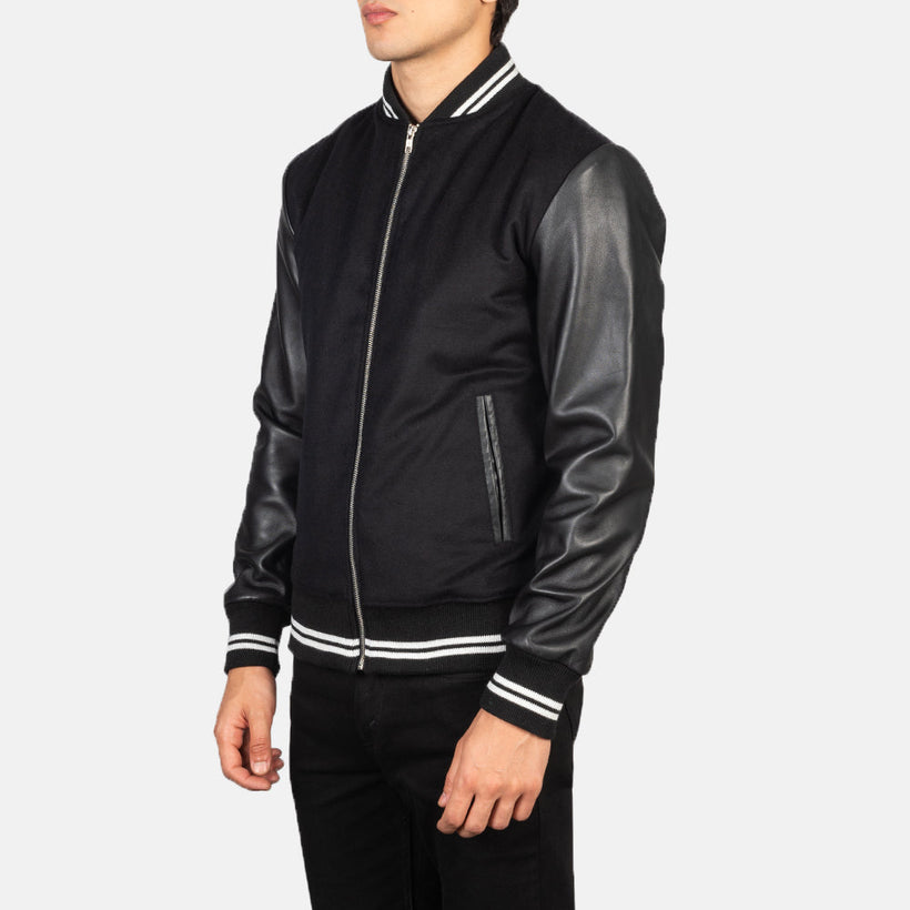 Harrison 黑色 Hybrid Varsity 真皮夹克 男士