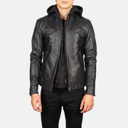 
Hector 经典黑 Hooded 真皮机车皮衣 男士 in Black Cowhide Leather - 正面版型与定制立体剪裁轮廓 | 官方商城选购