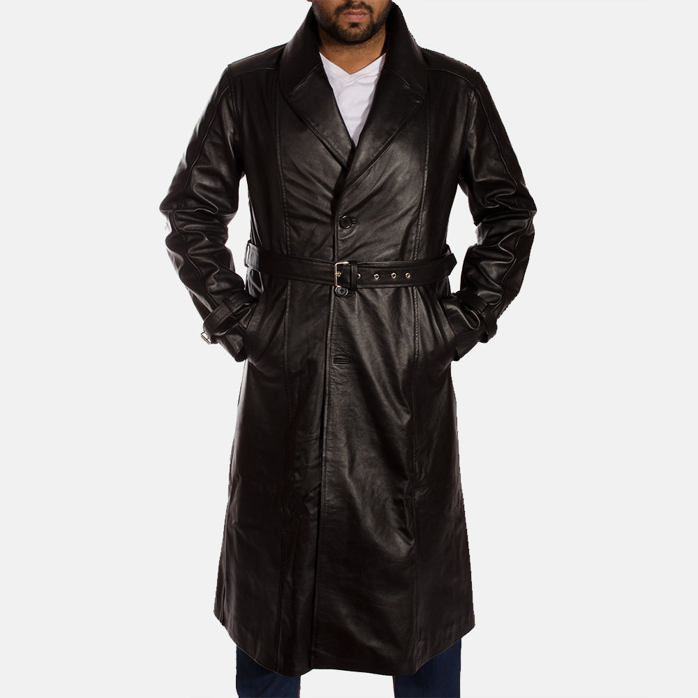 
Hooligan 经典黑 真皮风衣大衣 男士 in Black Cowhide Leather - 正面版型与定制立体剪裁轮廓 | 官方商城选购