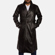 
Hooligan 经典黑 真皮风衣大衣 男士 in Black Cowhide Leather - 正面版型与定制立体剪裁轮廓 | 官方商城选购