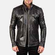 
Hudson Black Leather Biker Jacket in Black Cowhide Leather - 正面版型与定制立体剪裁轮廓 | 官方商城选购