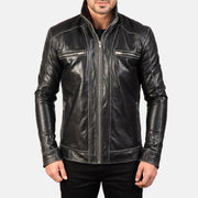 
细节特写 of High neck Band & Zipper Hardware on Hudson Black Leather Biker Jacket