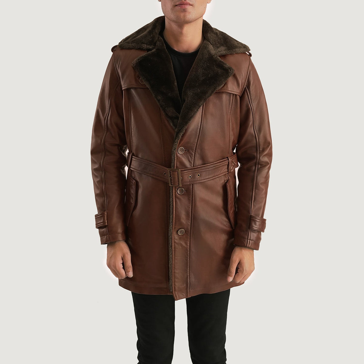 
Hunter Distressed 复古棕 Fur 真皮大衣 男士 in Distressed Brown Sheepskin Burnishing - 正面版型与定制立体剪裁轮廓 | 官方商城选购