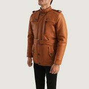 
Tan Brown Sheepskin Leather Aviator Jacket - 展现肩线贴合与利落下摆的背部视角