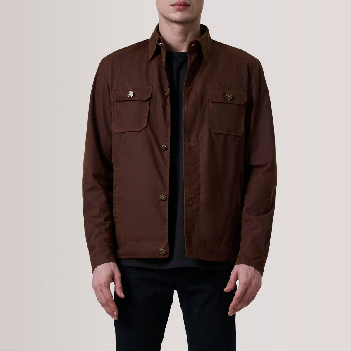 Irwin Brown Waxed Canvas Field Jacket For Men in Brown Waxed Cotton Canvas - Front Profile View & Tailored Silhouette | Buy Online