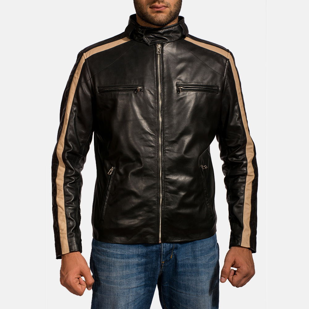 Men's Jack 黑色 真皮机车夹克 男士 in Black Sheepskin Leather - Front Profile View &amp; Tailored Silhouette | Buy Online
