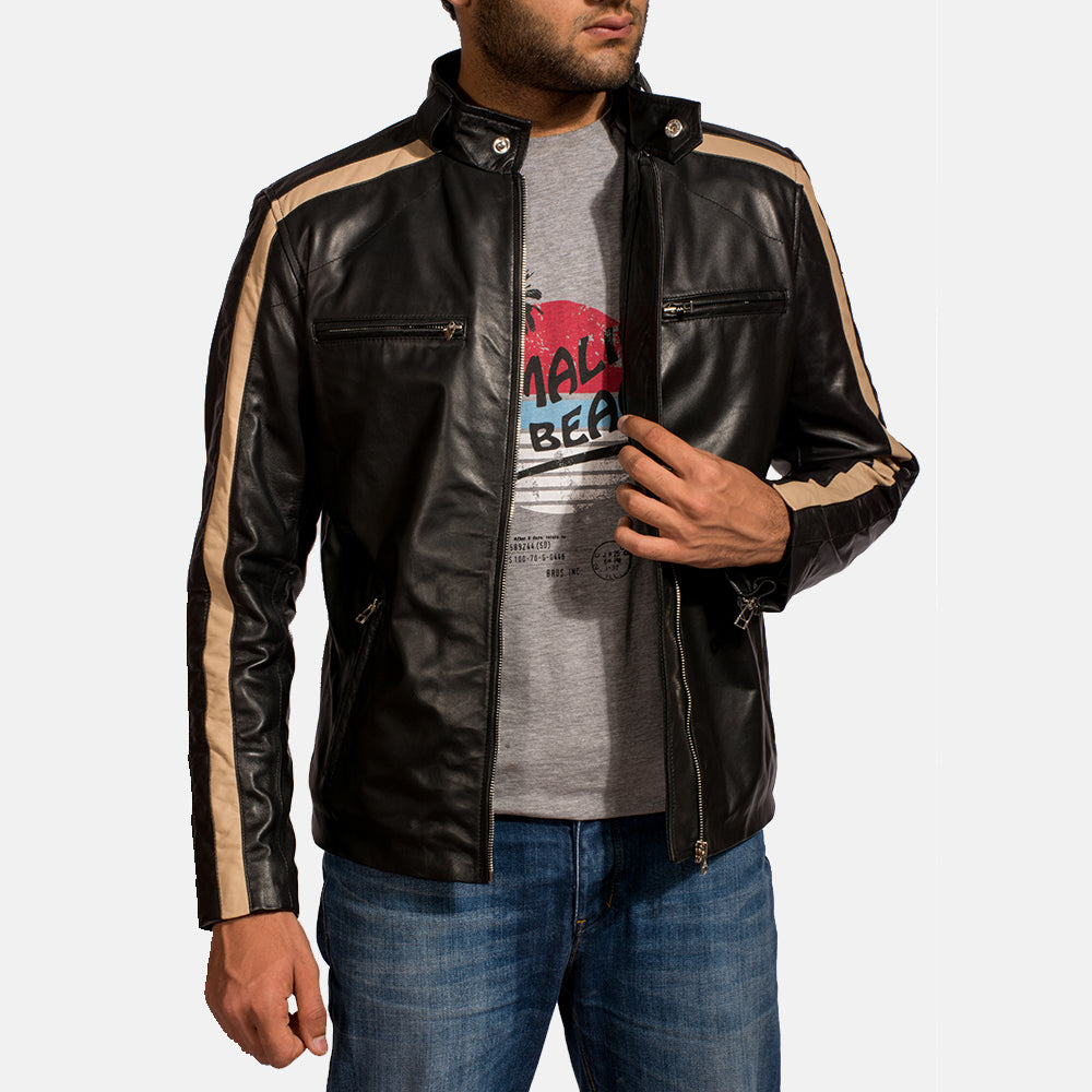 Men's Jack 黑色 真皮机车夹克 男士 - Lateral Side Profile View Showing Sleeve Cut &amp; Athletic Taper Fit