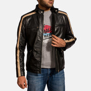 Men's Jack 黑色 真皮机车夹克 男士 - Lateral Side Profile View Showing Sleeve Cut &amp; Athletic Taper Fit