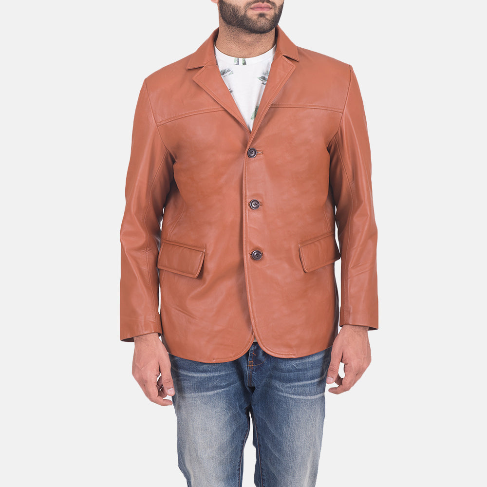 James 浅褐色 棕色 真皮西装外套 男士 in Brown Sheepskin Leather - Front Profile View &amp; Tailored Silhouette | Buy Online