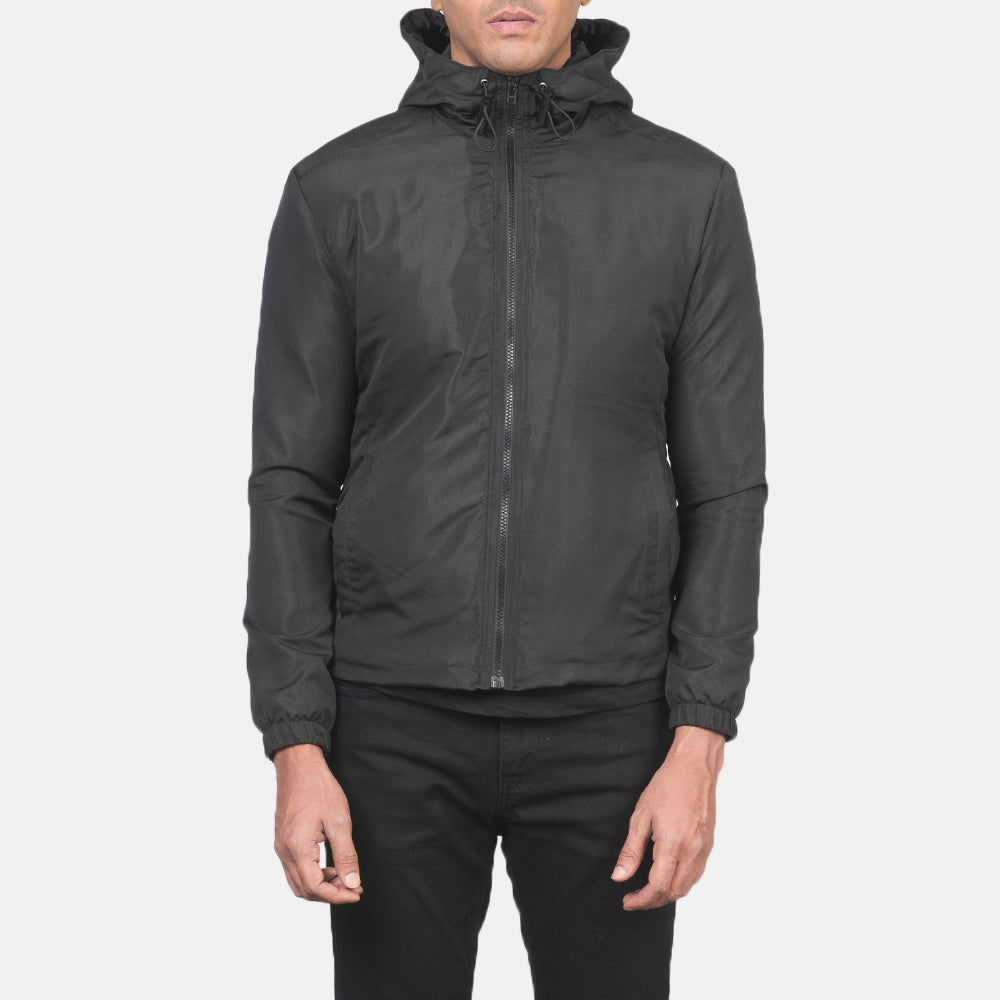 
细节特写 of High Neck with Hood & Zipper with wind flap Hardware on Jimmy 经典黑 Hooded Windbreaker 真皮夹克 男士