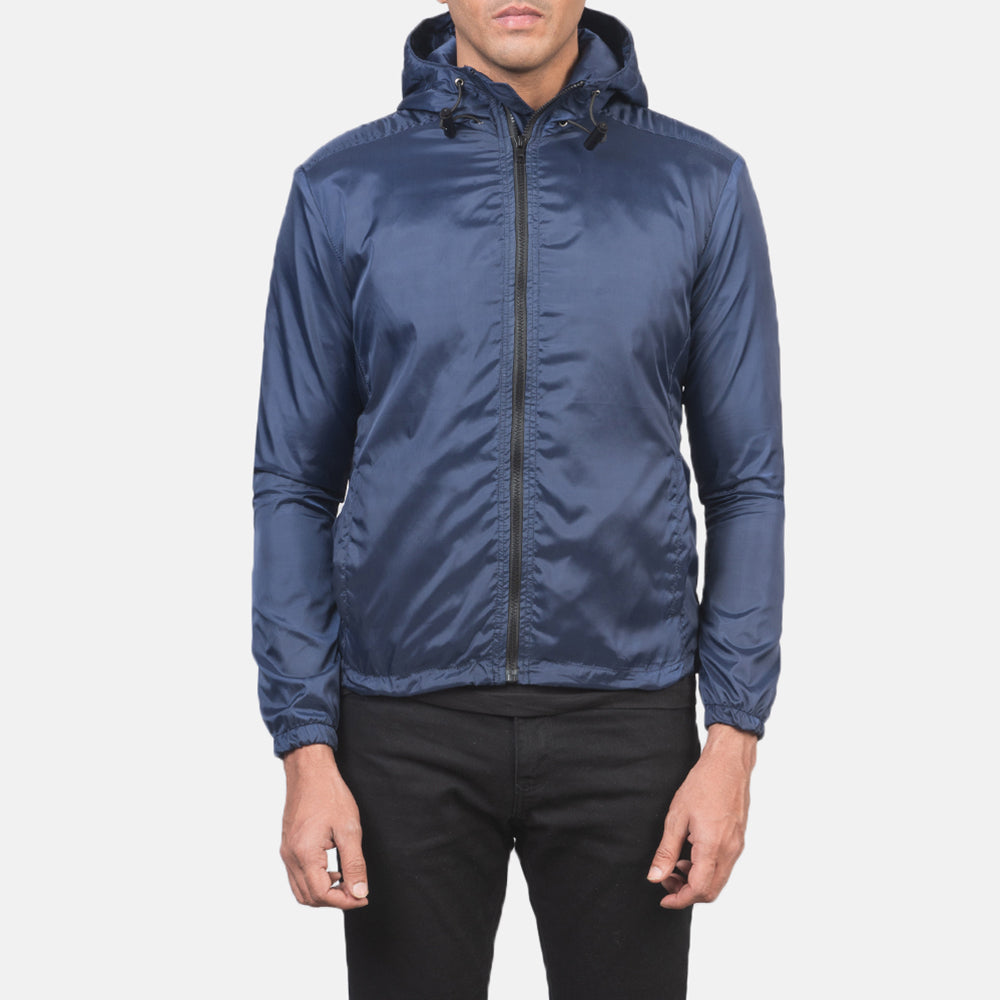 
Jimmy 深海蓝 Hooded Windbreaker 真皮夹克 男士 in Blue Nylon - 正面版型与定制立体剪裁轮廓 | 官方商城选购