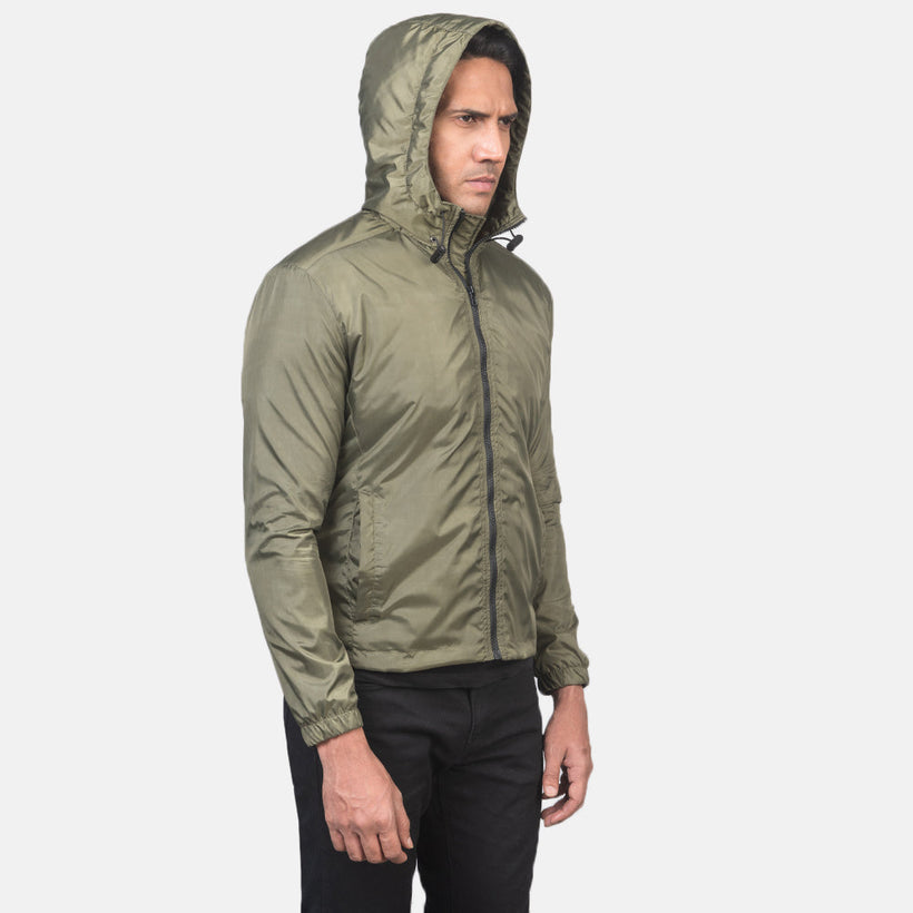 Jimmy 墨绿色 Hooded Windbreaker 真皮夹克 男士