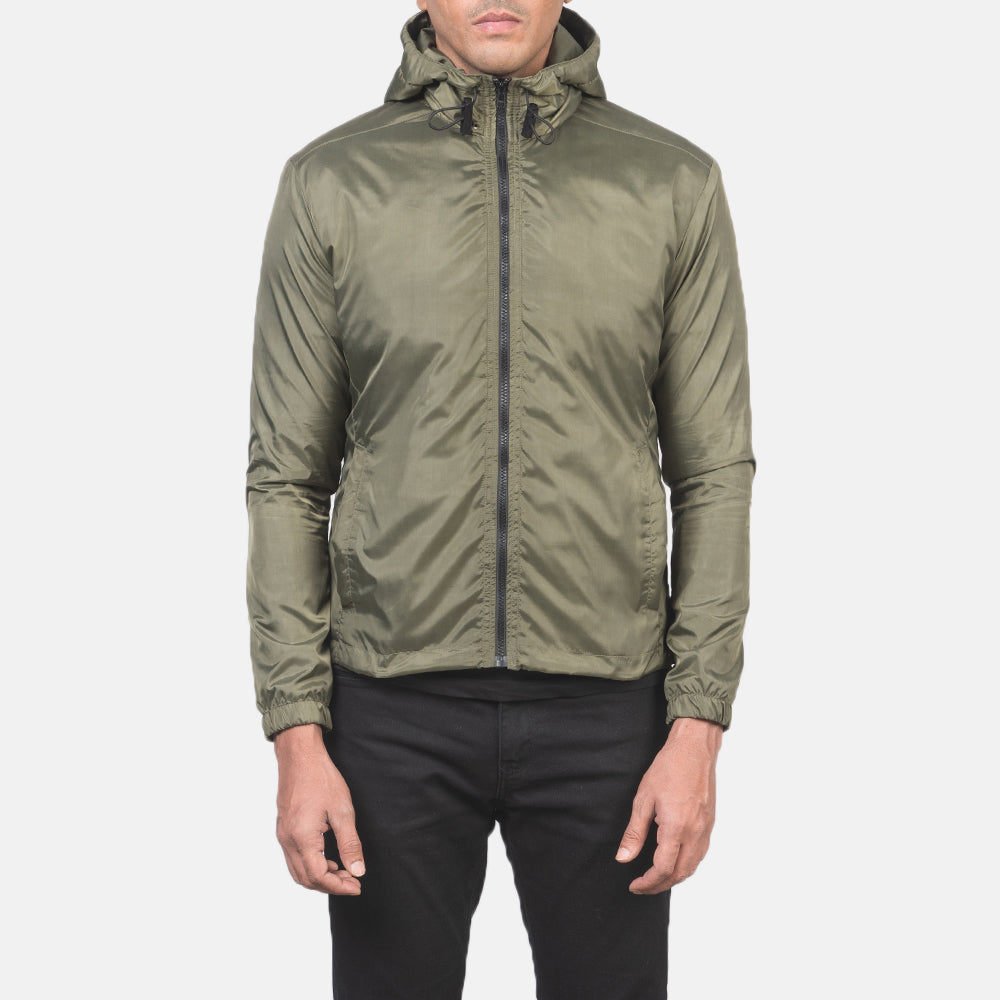 
细节特写 of High Neck with Hood & Zipper with wind flap Hardware on Jimmy 墨绿色 Hooded Windbreaker 真皮夹克 男士