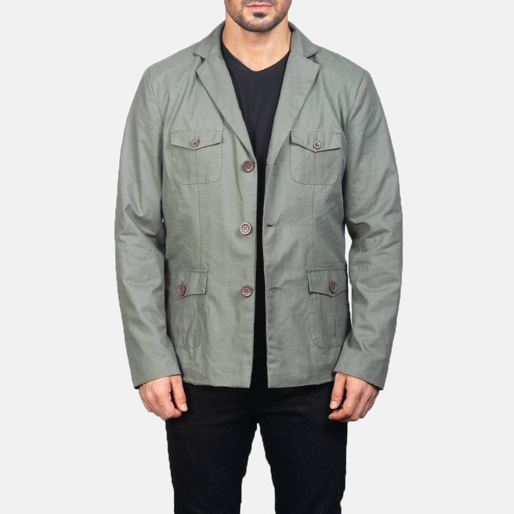 Kajetan Grey Safari 真皮夹克 男士 in Grey Poly-Cotton - Front Profile View &amp; Tailored Silhouette | Buy Online