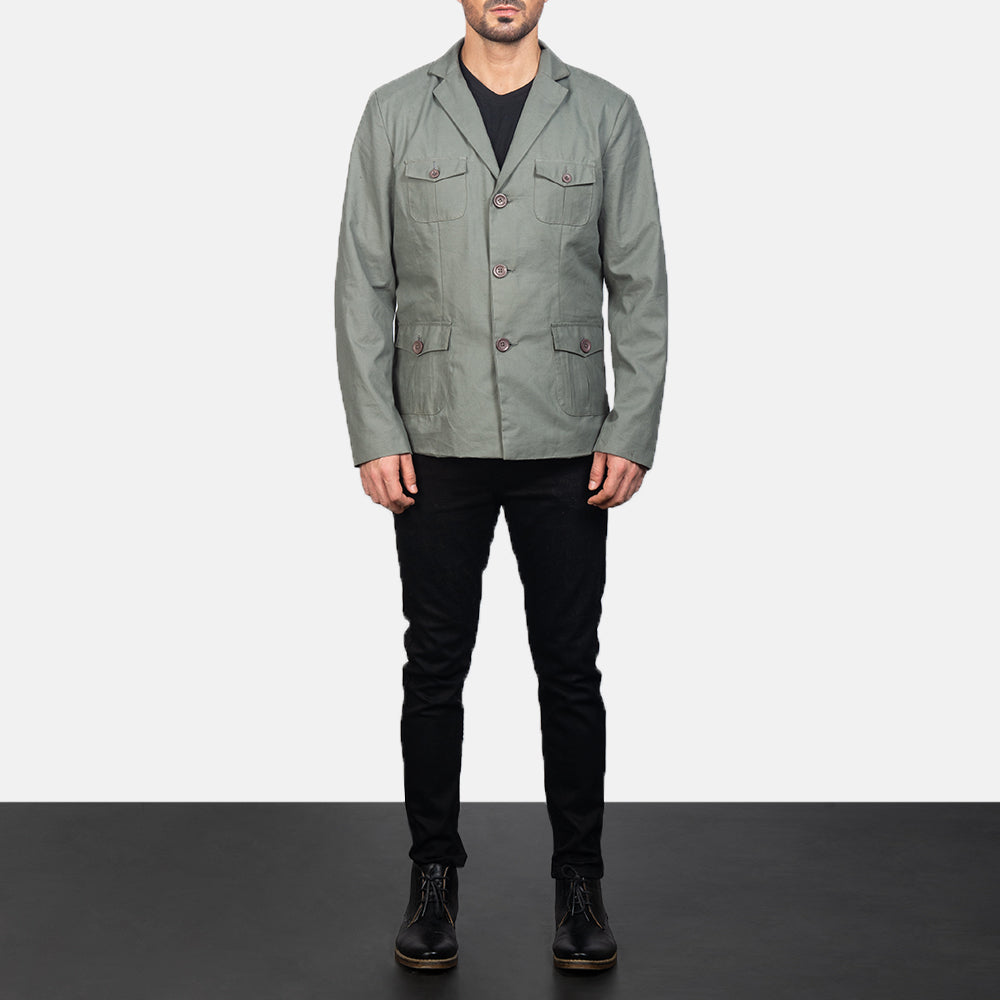 Kajetan Grey Safari 真皮夹克 男士 - Lateral Side Profile View Showing Sleeve Cut &amp; Athletic Taper Fit