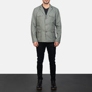 Kajetan Grey Safari 真皮夹克 男士 - Lateral Side Profile View Showing Sleeve Cut &amp; Athletic Taper Fit